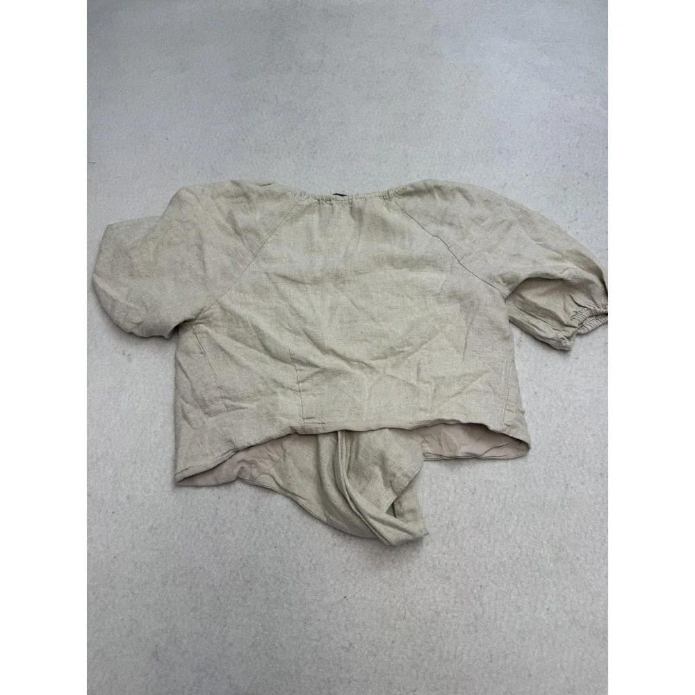 Abercrombie & Fitch Blouse Women's XS Beige Linen Blend Puff Sleeve Tie Front